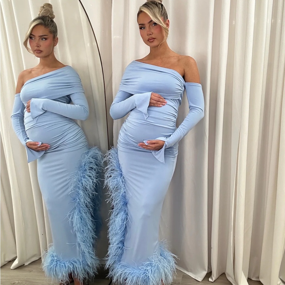 Chic Light Blue Off-Shoulder Dress with Feather Detail maternity dress